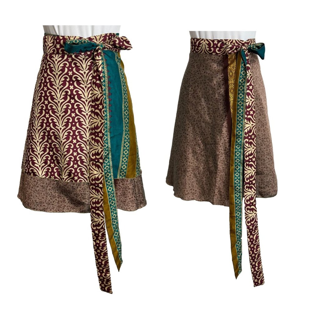Reversible Wrap Skirt Double Layer One Size Bohemian Geometric Green Maroon